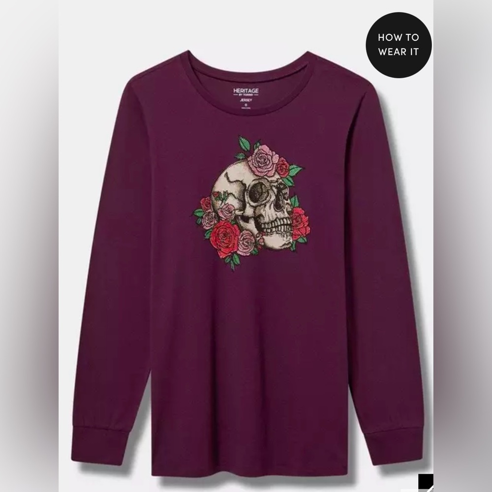 Torrid Long sleeveT-shirt with “bling” skull rose, wine color, sz5, NWT. - Picture 5 of 5